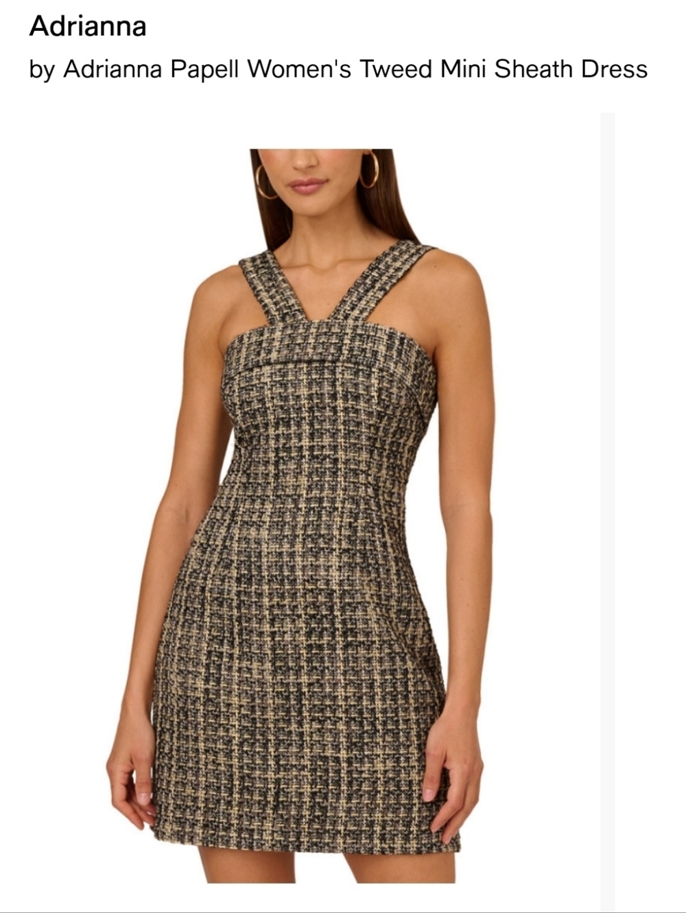 Adrianna Papell Black and Cream Tweed Mini Sheath Dress with Crossed Wide Straps